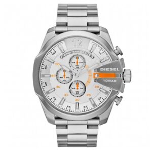 Мъжки часовник Diesel DZ4328 Mega Chief със стоманена гривна и светъл циферблат с оранжеви акценти